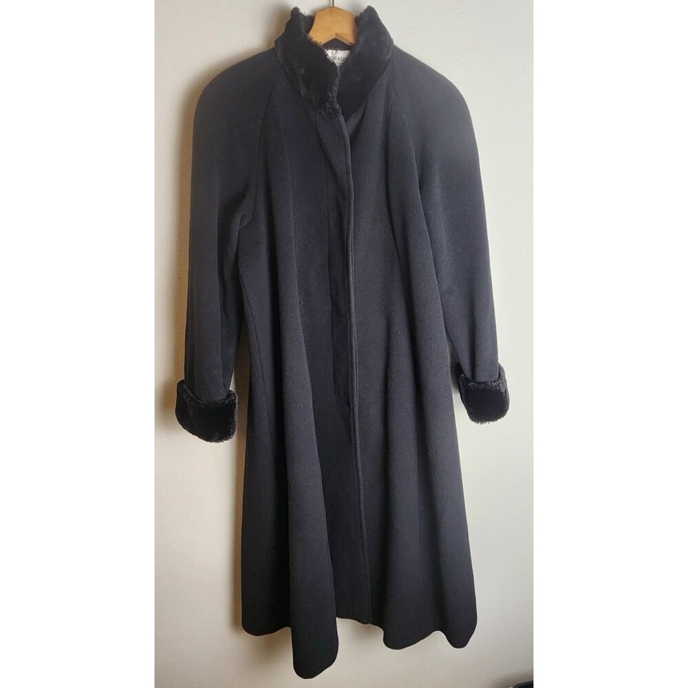 Vintage Charles Klein 100% Wool Long OverCoat Black Fur Trim Size 10 Made Poland